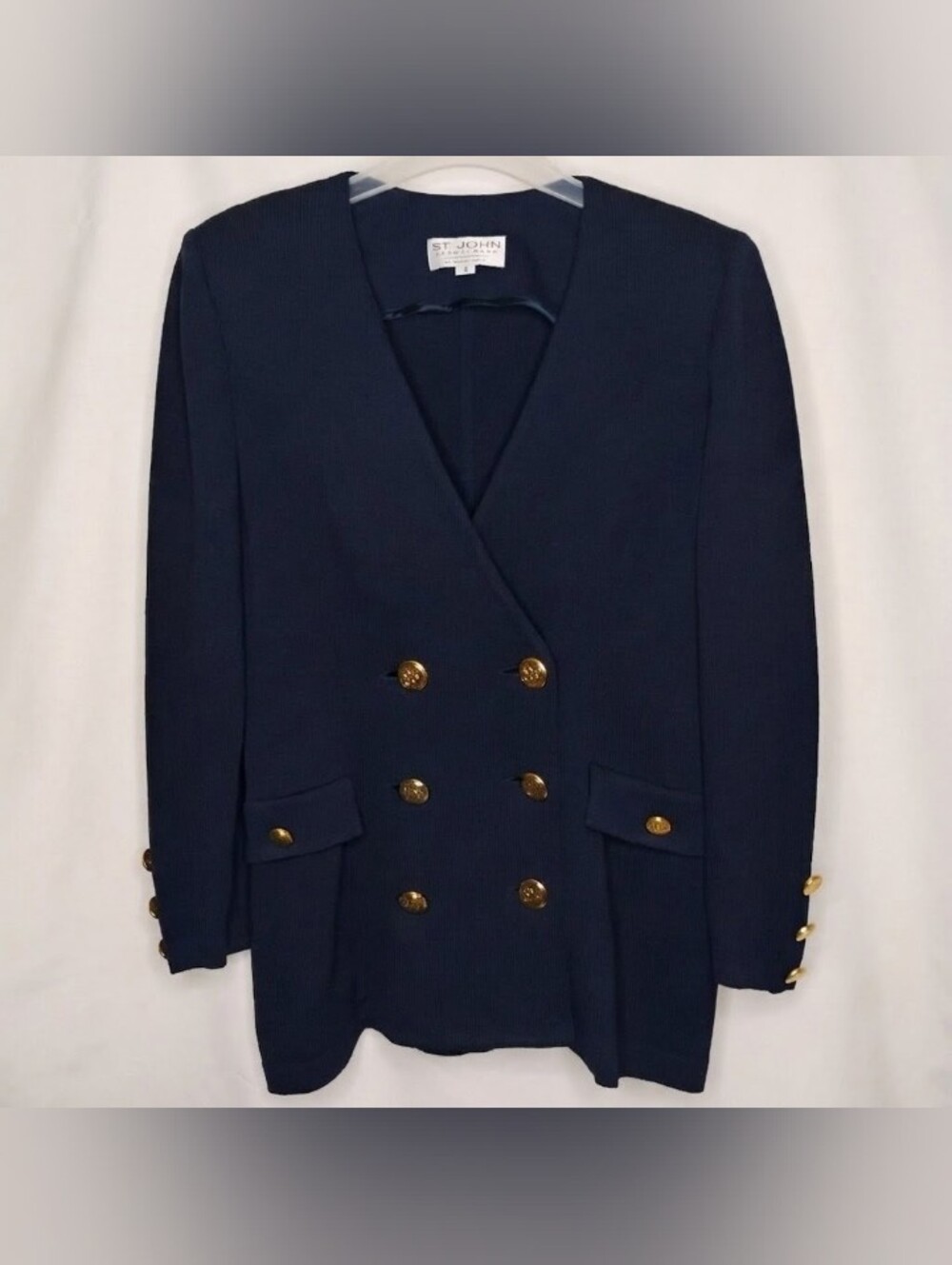 St John Santana Knit Blazer Heavy 14k Gold Plate St George Horseback Buttons Sz8